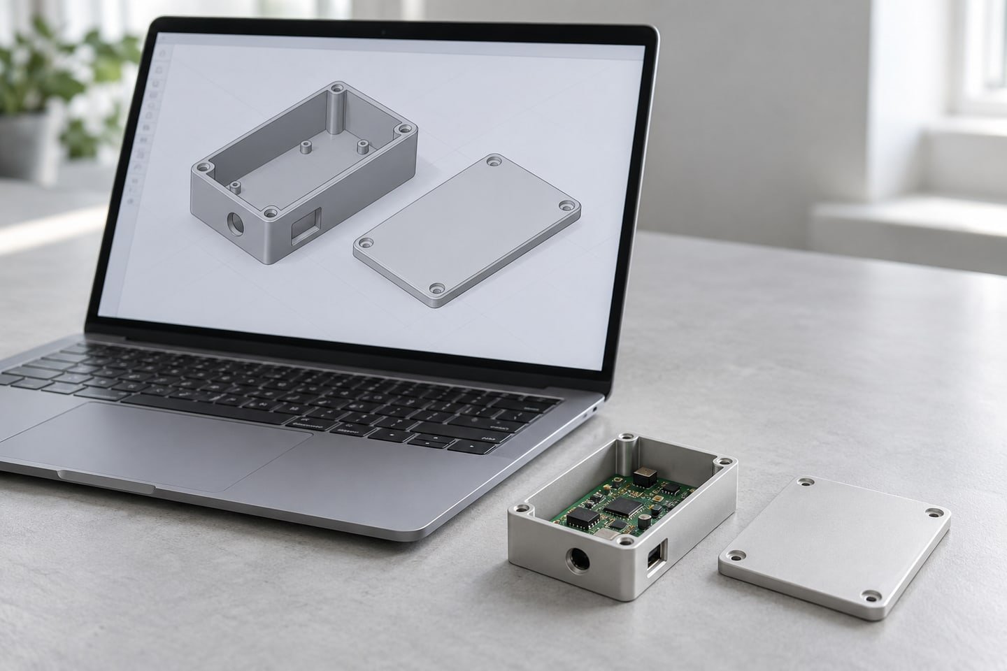 Ekranda muhafaza modeli ve masada fiziksel PCB kutusu prototipi; temsili görsel