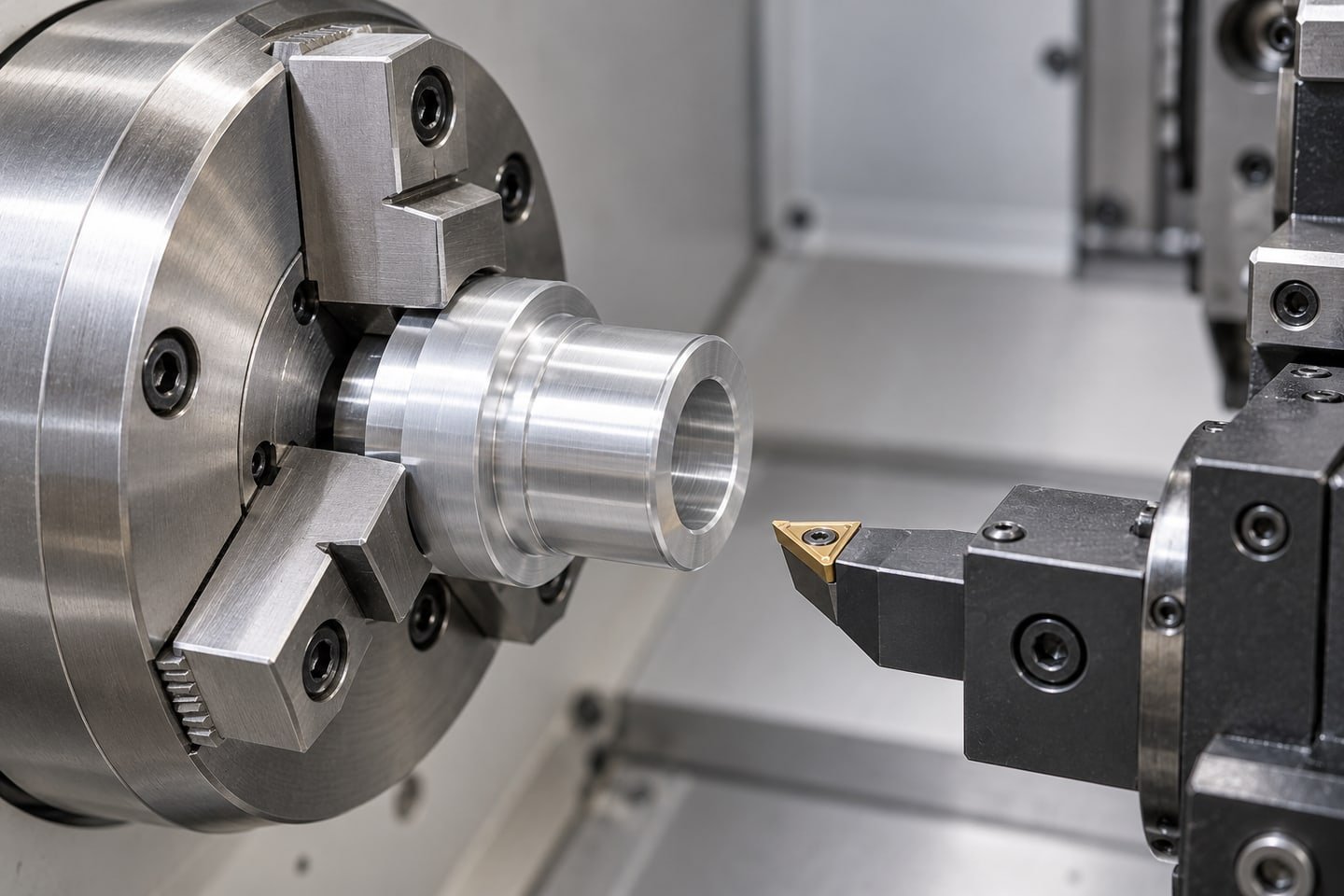 CNC torna aynasında tutulan küçük kademeli metal burç ve önünde duran kesici takım; temsili görsel
