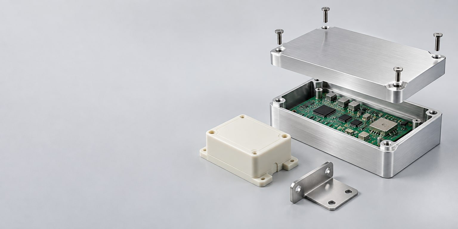 Açık alüminyum PCB muhafazası ve özel prototip parçaları; temsili ürün sahnesi