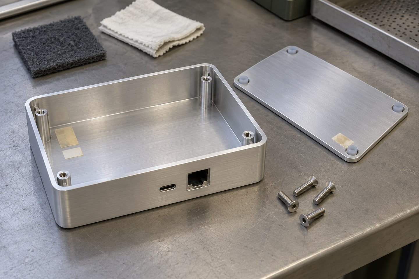 Eloksal öncesi yüzeyi hazırlanmış alüminyum PCB kutusu, kapak ve maskelenmiş temas alanları