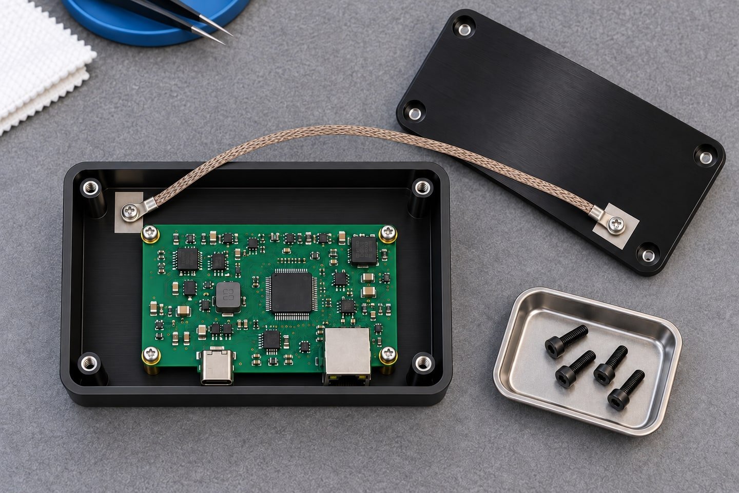 Siyah eloksallı kutuya yükselticilerle yerleştirilmiş PCB ve kapağa bağlanan metal örgü