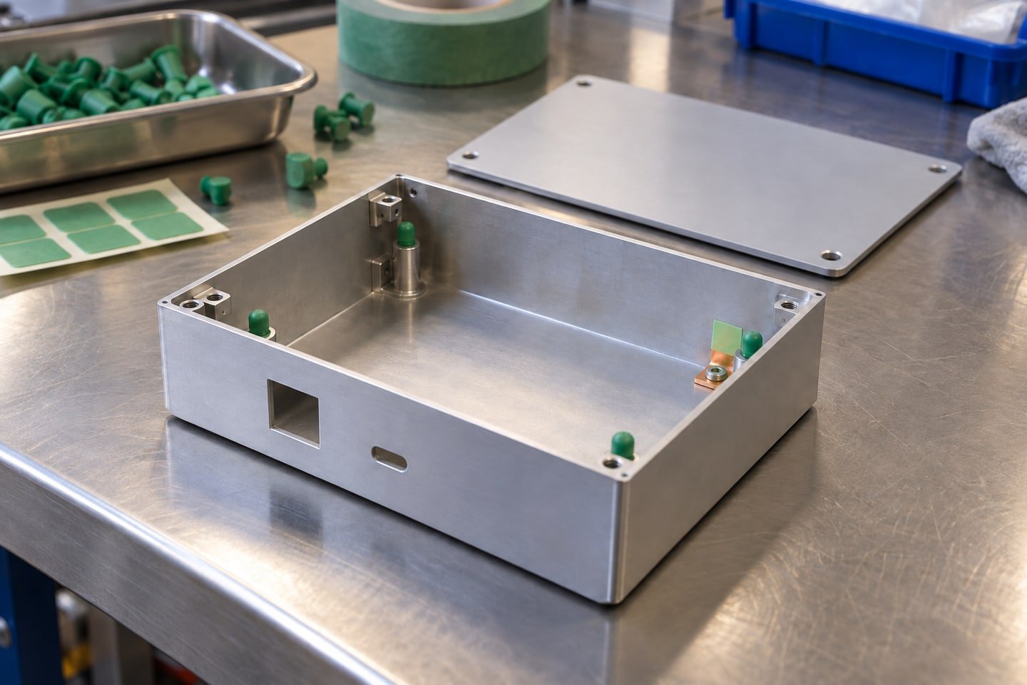 Silikon tapalarla dişleri maskelenmiş boş alüminyum PCB kutusu ve ayrı kapağı