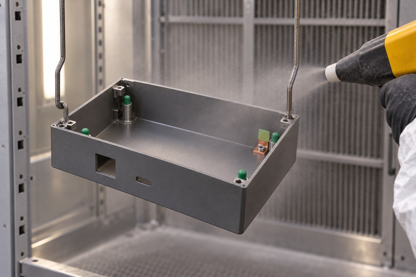 Topraklanmış askıdaki boş metal kutuya kabinde elektrostatik toz boya uygulanması