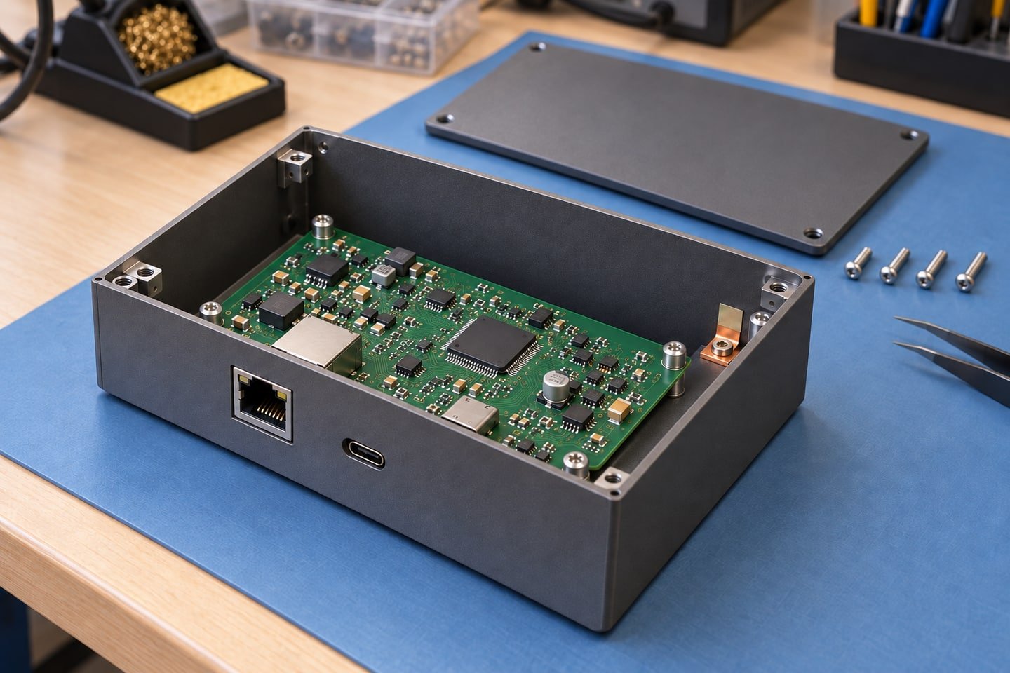 Mat koyu gri boyalı kutuda yükselticilere vidalanmış PCB, Ethernet ve USB-C bağlantıları