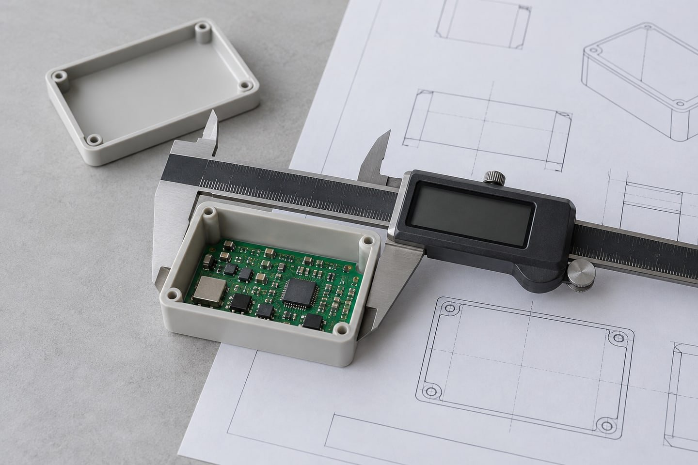 Kumpas ile ölçüsü kontrol edilen küçük PCB muhafazası; temsili görsel