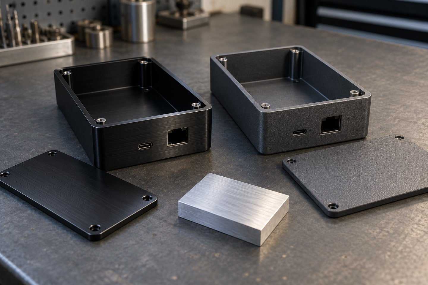 Siyah eloksallı ve dokulu toz boyalı iki alüminyum elektronik kutu ile ham metal numunesi
